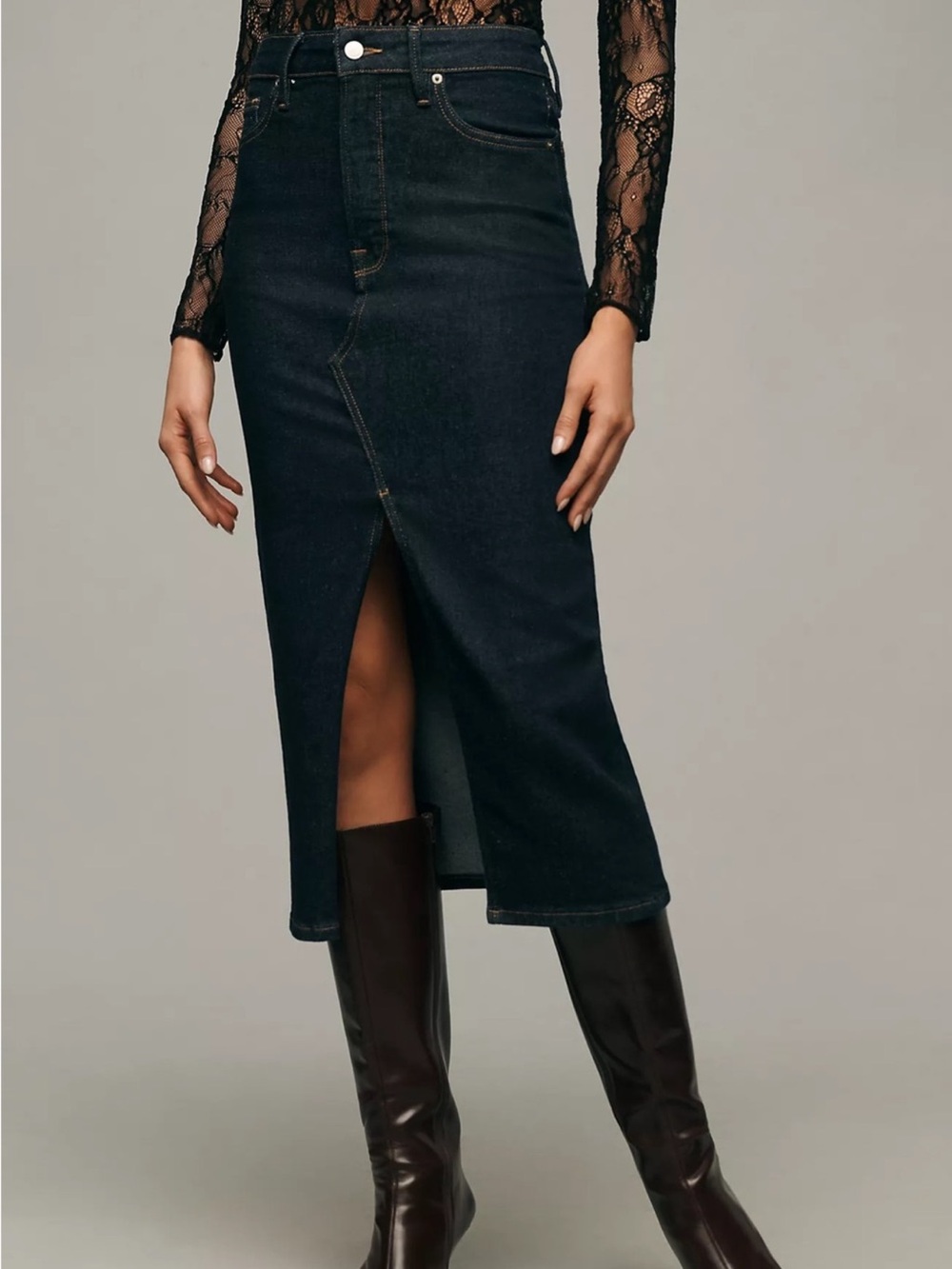 Good American Slit Front Denim Midi Skirt Dark Wash Size 4 27